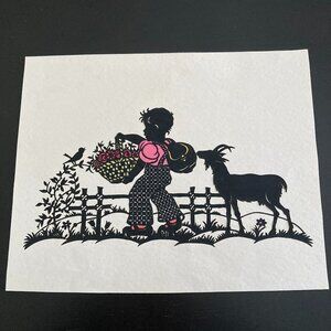 Vintage Silhouette Papercut Art - Child with Flowers and Goat